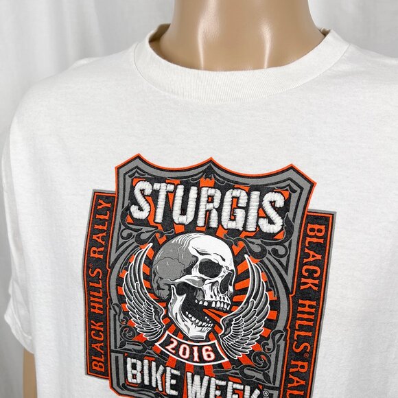 Hot Leathers Men's XL White Orange 2016 Sturgis Bike Week Skull Graphic T-Shirt - Picture 2 of 7